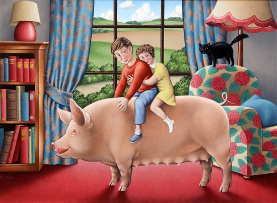 Ron Aris Children riding a pig, 13.5 x 18.5in.